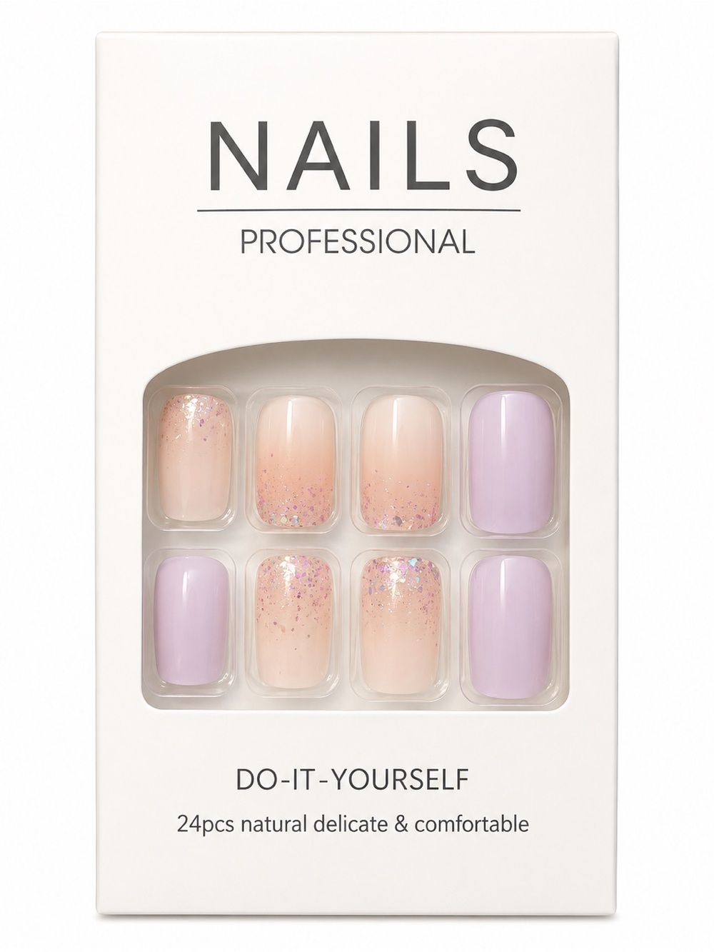 Lavender & Nude Glitter Press-On Nails | Short Square | Glossy | Reusable | 24pc